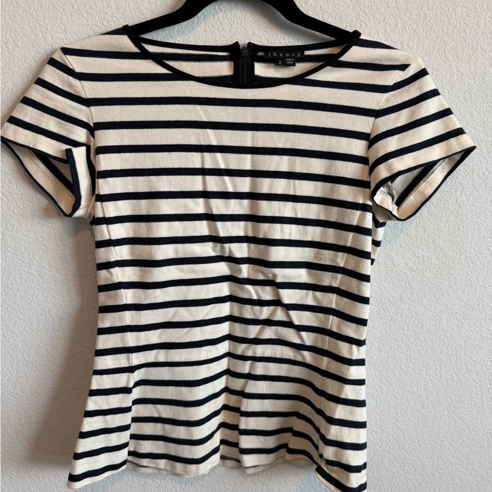 Theory Black and White Striped Short Sleeve Tee